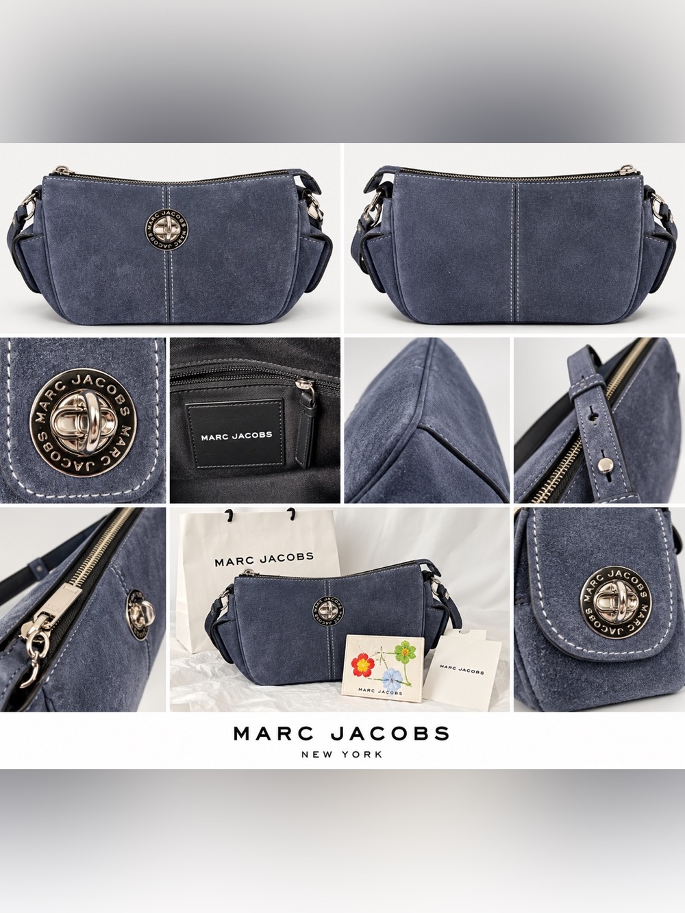 Marc Jacobs Azure Blue Suede Shoulder Bag + Floral Card Case — NWT